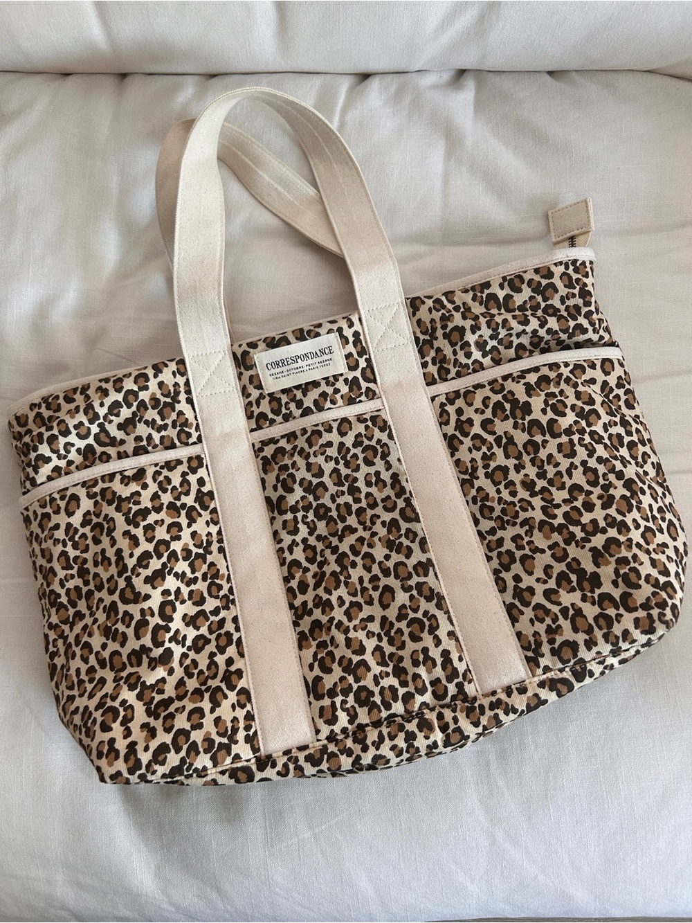 Sezane Leopard Print Canvas Tote Bag in Beige